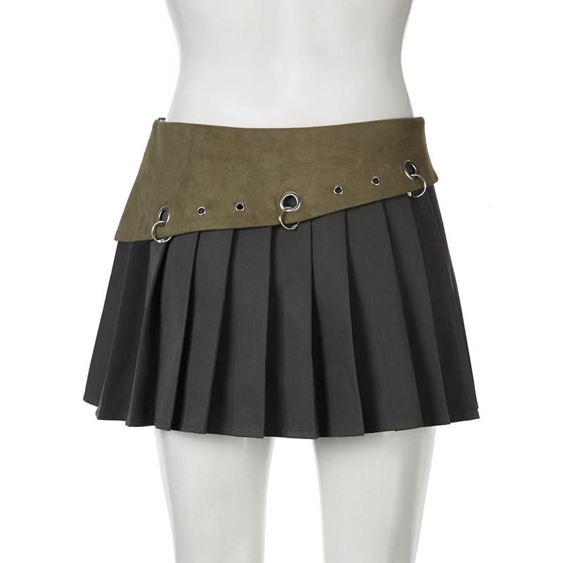 Pleated hollow out o ring zip-up A line cut out mini skirt