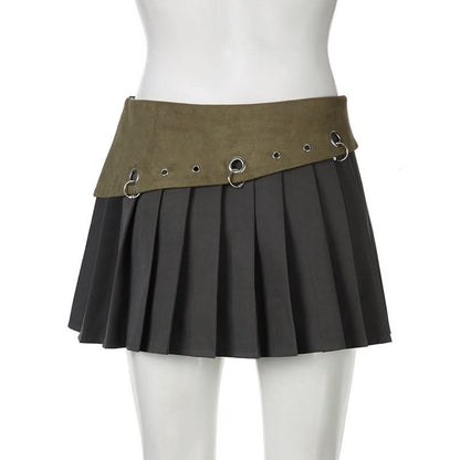Pleated hollow out o ring zip-up A line cut out mini skirt