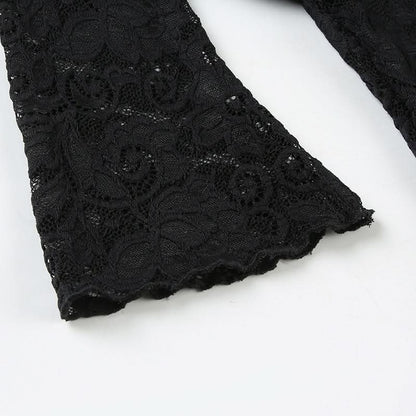 Irregular long sleeve lace one shoulder solid top