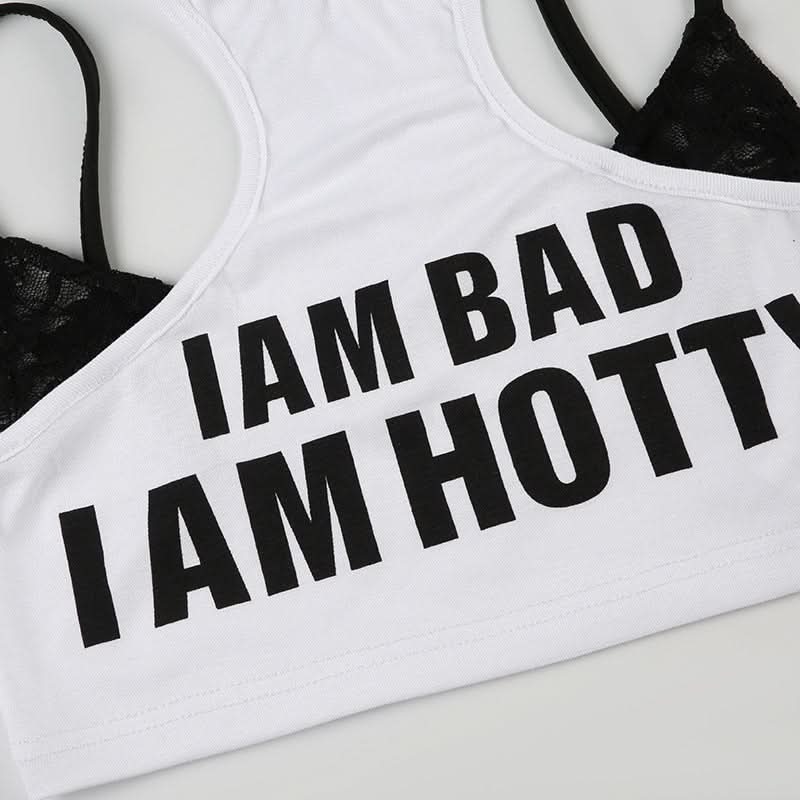 Crewneck hollow out letter pattern patchwork cut out top