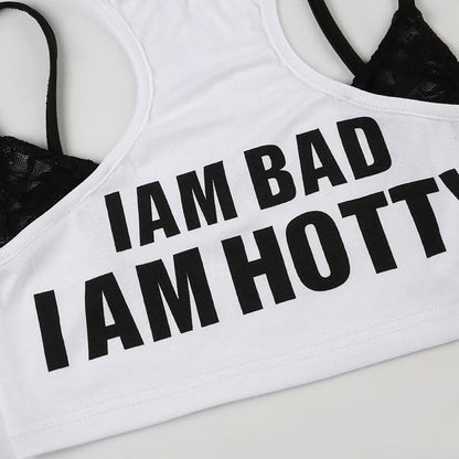Crewneck hollow out letter pattern patchwork cut out top
