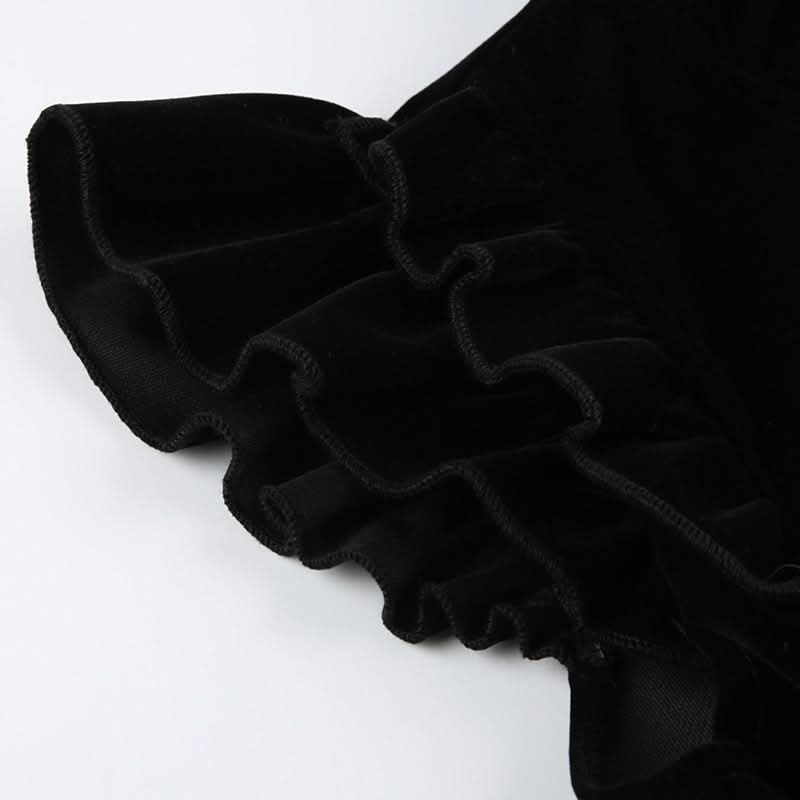 Ruffle bowknot cap sleeve zip-up velvet mini dress