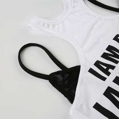 Crewneck hollow out letter pattern patchwork cut out top