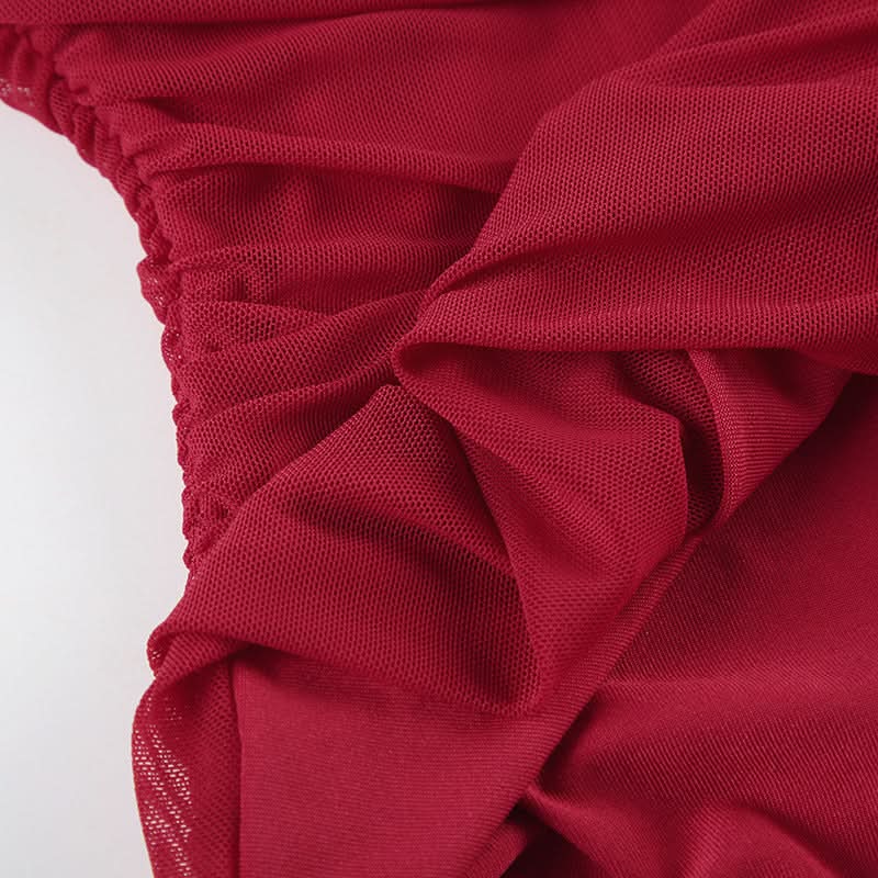 Ruched halter irregular backless red top