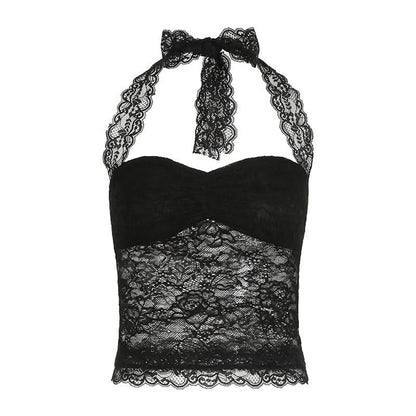 Lace hem halter self tie ruched backless top