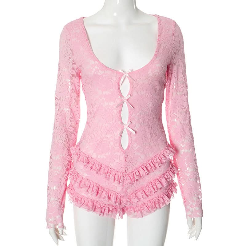 Long sleeve hollow out lace ruffle bowknot romper