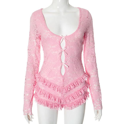 Long sleeve hollow out lace ruffle bowknot romper