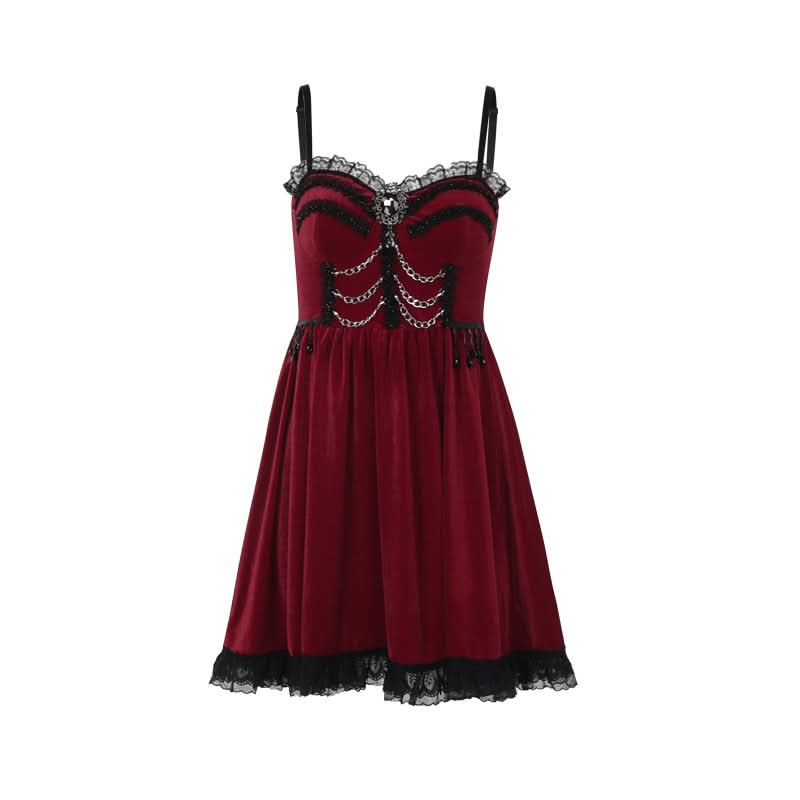 Lace hem metal chain ruched v neck cami mini dress