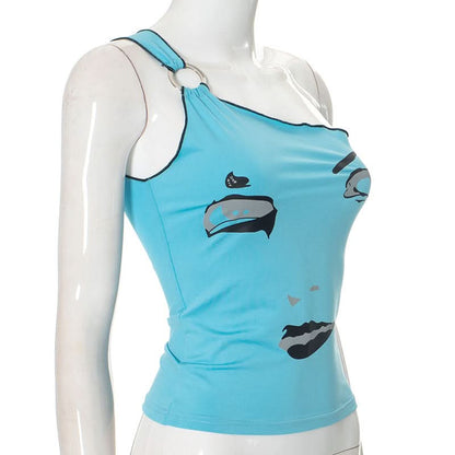 Irregular o ring one shoulder character pattern top