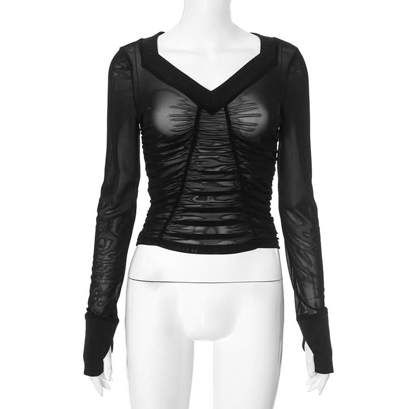 Long sleeve ruched mesh v neck gloves top