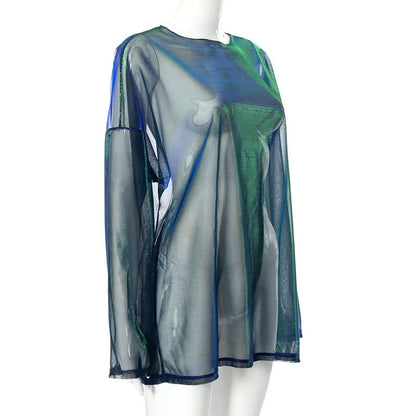Long sleeve sheer mesh crewneck contrast top