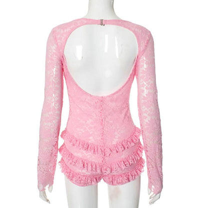 Long sleeve hollow out lace ruffle bowknot romper