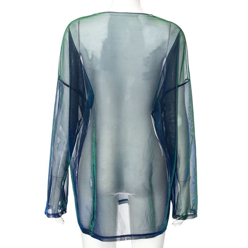 Long sleeve sheer mesh crewneck contrast top