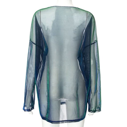 Long sleeve sheer mesh crewneck contrast top