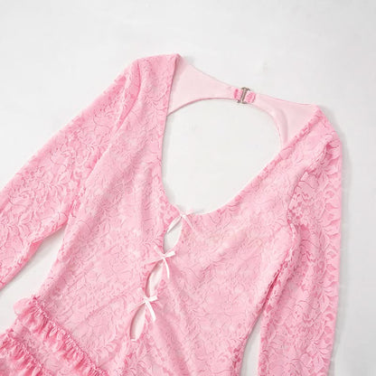 Long sleeve hollow out lace ruffle bowknot romper
