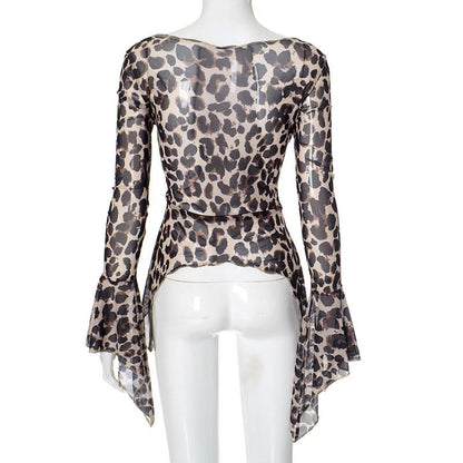 Leopard print v neck self tie long flared sleeve top