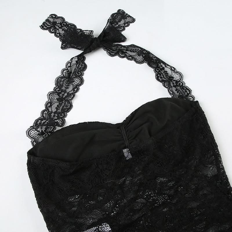 Lace hem halter self tie ruched backless top