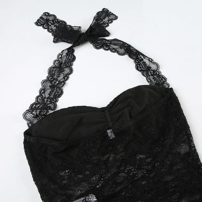Lace hem halter self tie ruched backless top