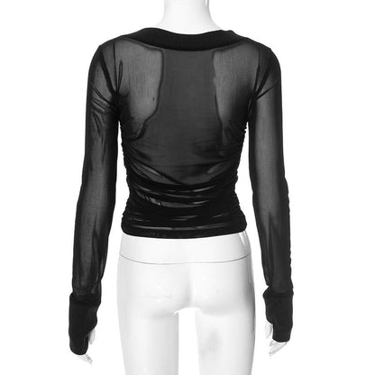 Long sleeve ruched mesh v neck gloves top