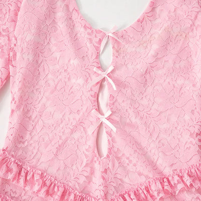 Long sleeve hollow out lace ruffle bowknot romper