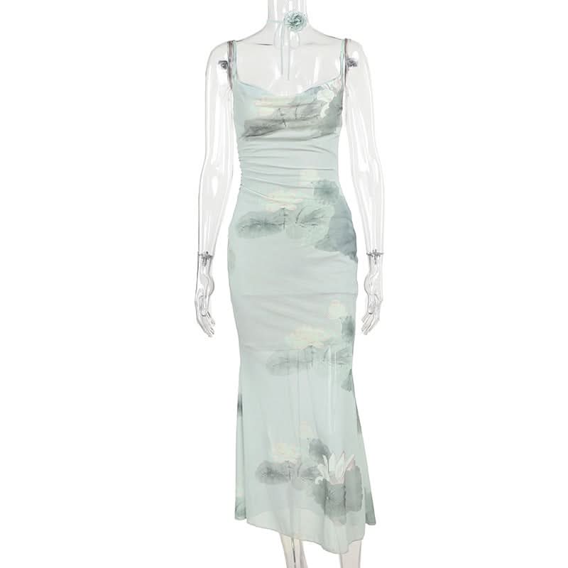 Ruched lotus print backless cami midi dress