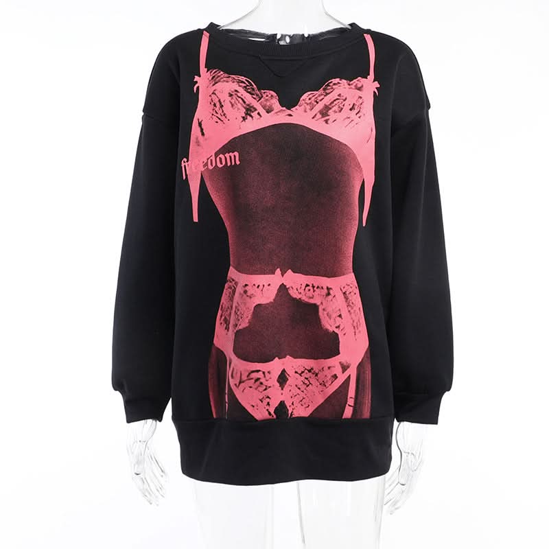 Lace up long sleeve body print contrast top
