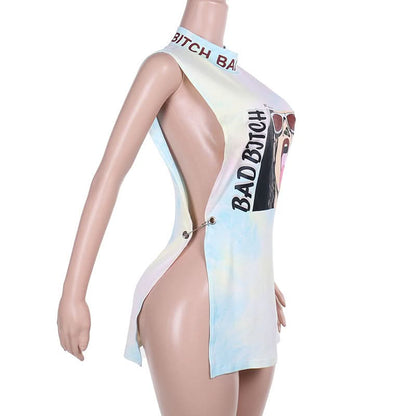 Hollow out high neck letter avatar pattern cut out mini dress