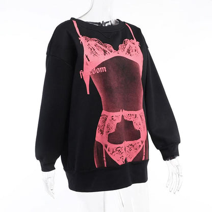 Lace up long sleeve body print contrast top