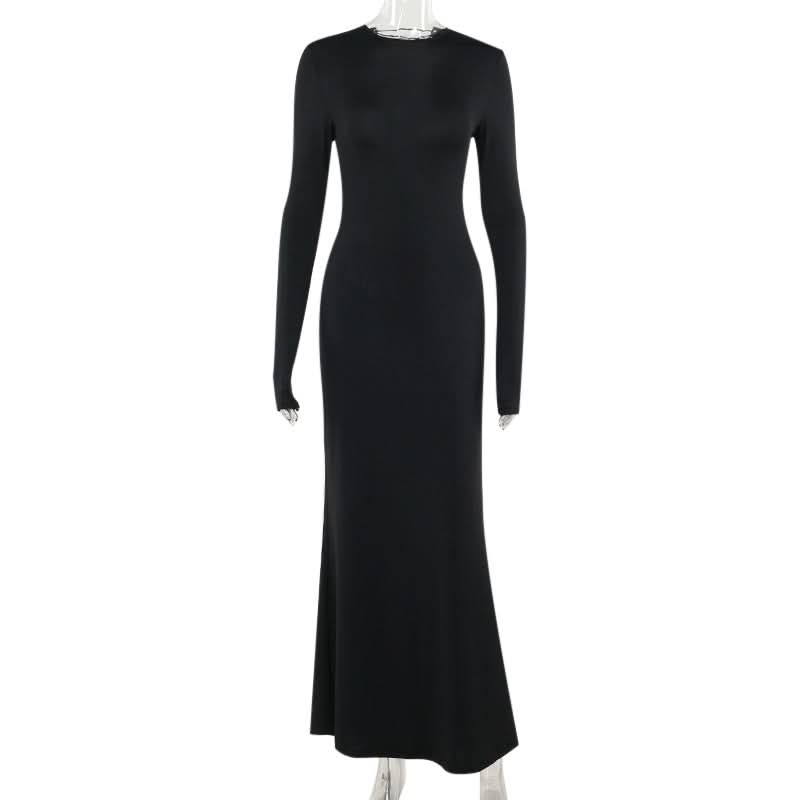 Long sleeve crewneck lace up solid maxi dress