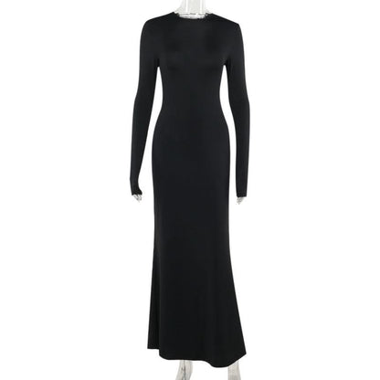 Long sleeve crewneck lace up solid maxi dress