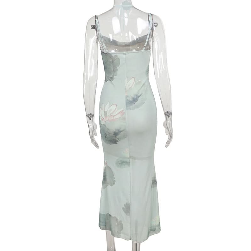 Ruched lotus print backless cami midi dress