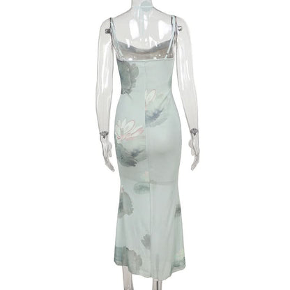 Ruched lotus print backless cami midi dress