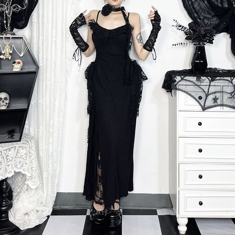 Lace slit v neck ruched backless cami maxi dress