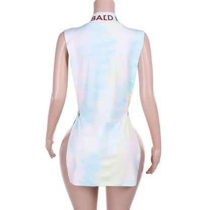 Hollow out high neck letter avatar pattern cut out mini dress