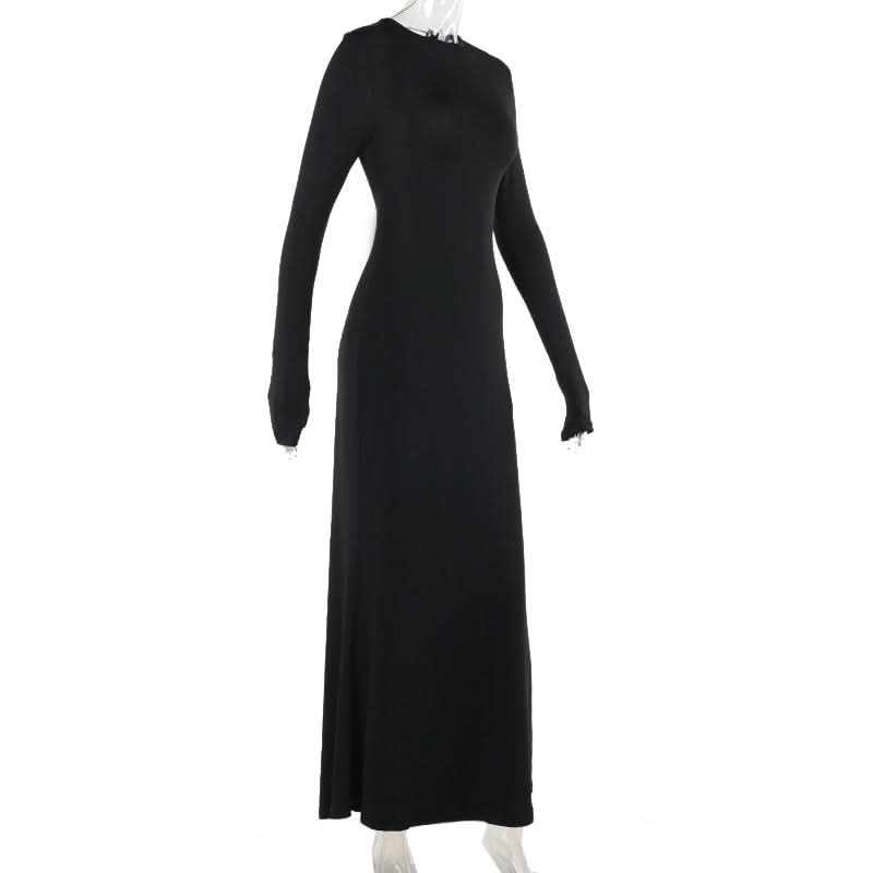 Long sleeve crewneck lace up solid maxi dress