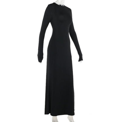 Long sleeve crewneck lace up solid maxi dress