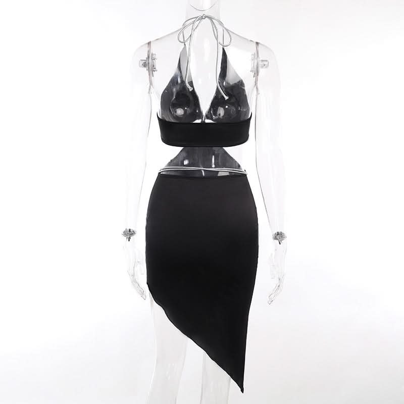 Halter self tie irregular deep V neck mini dress