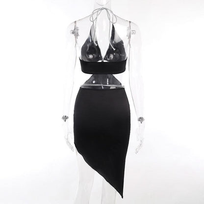 Halter self tie irregular deep V neck mini dress