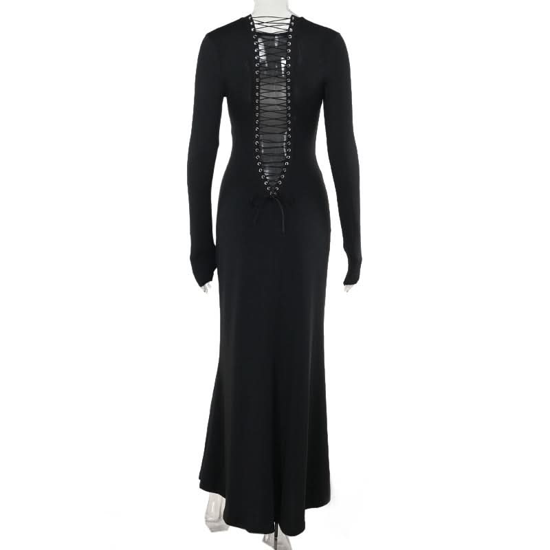 Long sleeve crewneck lace up solid maxi dress