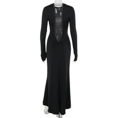 Long sleeve crewneck lace up solid maxi dress