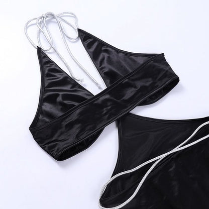 Halter self tie irregular deep V neck mini dress
