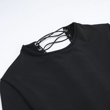 Long sleeve crewneck lace up solid maxi dress