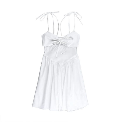 Self tie ruched hollow out smocked cami cut out mini dress