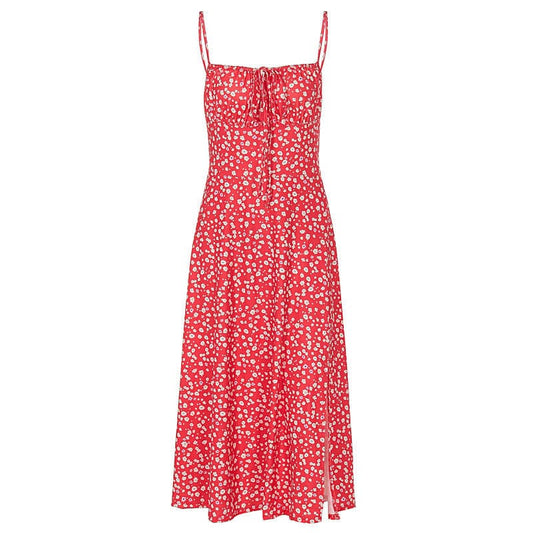 Square neck flower print slit cami midi dress