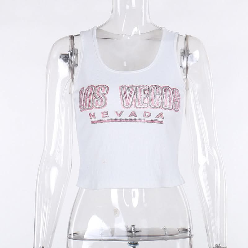 Ribbed u neck letter pattern tank top