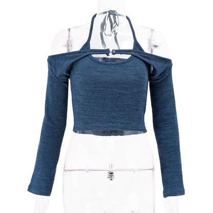 Halter self tie long sleeve u neck 2 piece top