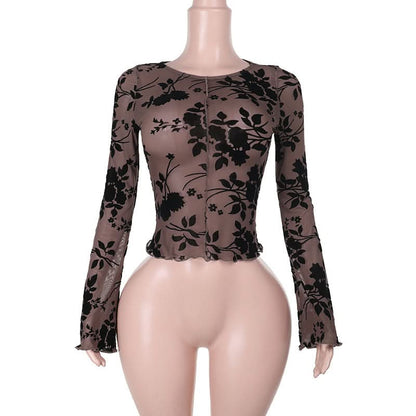 Long sleeve ruffle mesh stitch flower print top