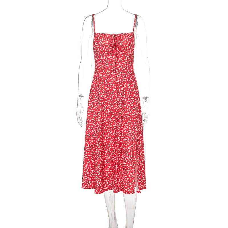 Square neck flower print slit cami midi dress