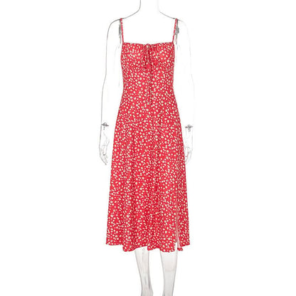 Square neck flower print slit cami midi dress