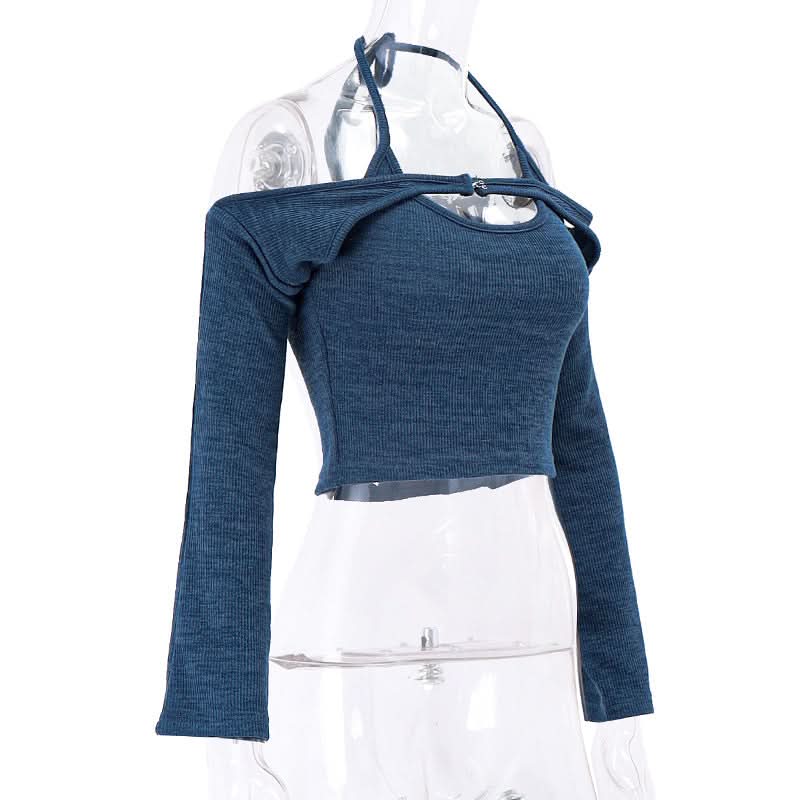 Halter self tie long sleeve u neck 2 piece top